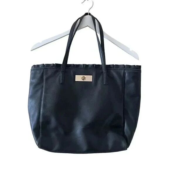 Kate Spade New York Logo Black Leather Tote Double Handles Shoulder Bag Ruffle - Picture 1 of 16
